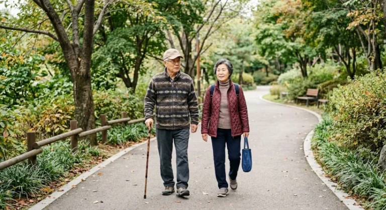 혈관성 치매 예방을 위해 야외에서 걷는 한국 노인 부부