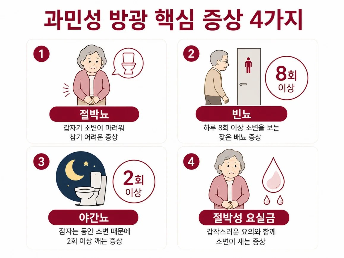노인 과민성 방광 4가지 증상 절박뇨 빈뇨 야간뇨 요실금 인포그래픽