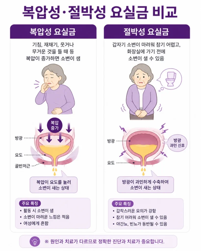 복압성 요실금과 절박성 요실금 차이 비교 의학 일러스트