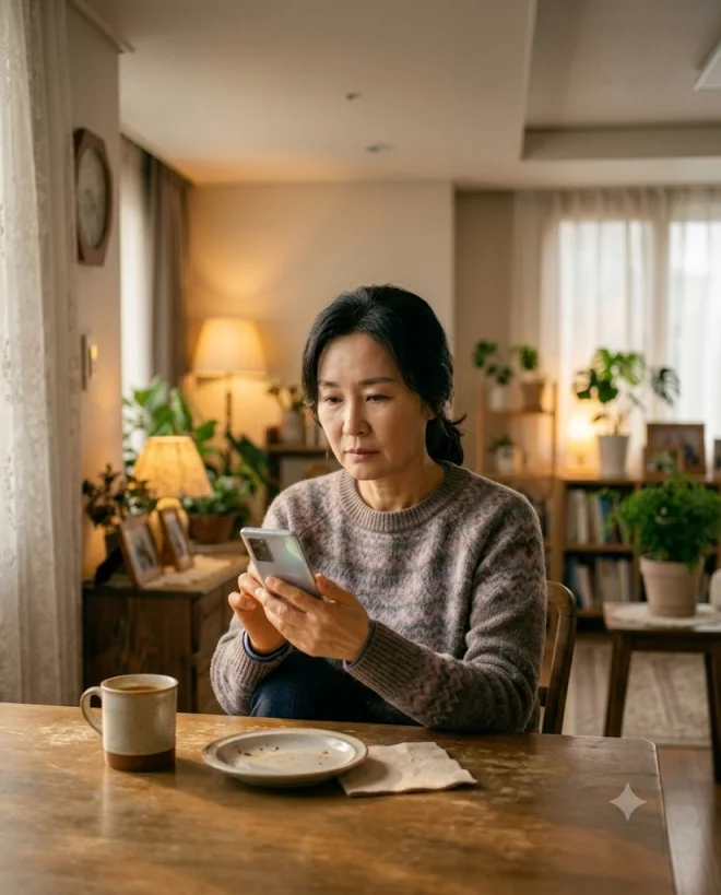 부모님이 티비만 시청하셔서 걱정하며 스마트폰 보는 40대 한국인 여성