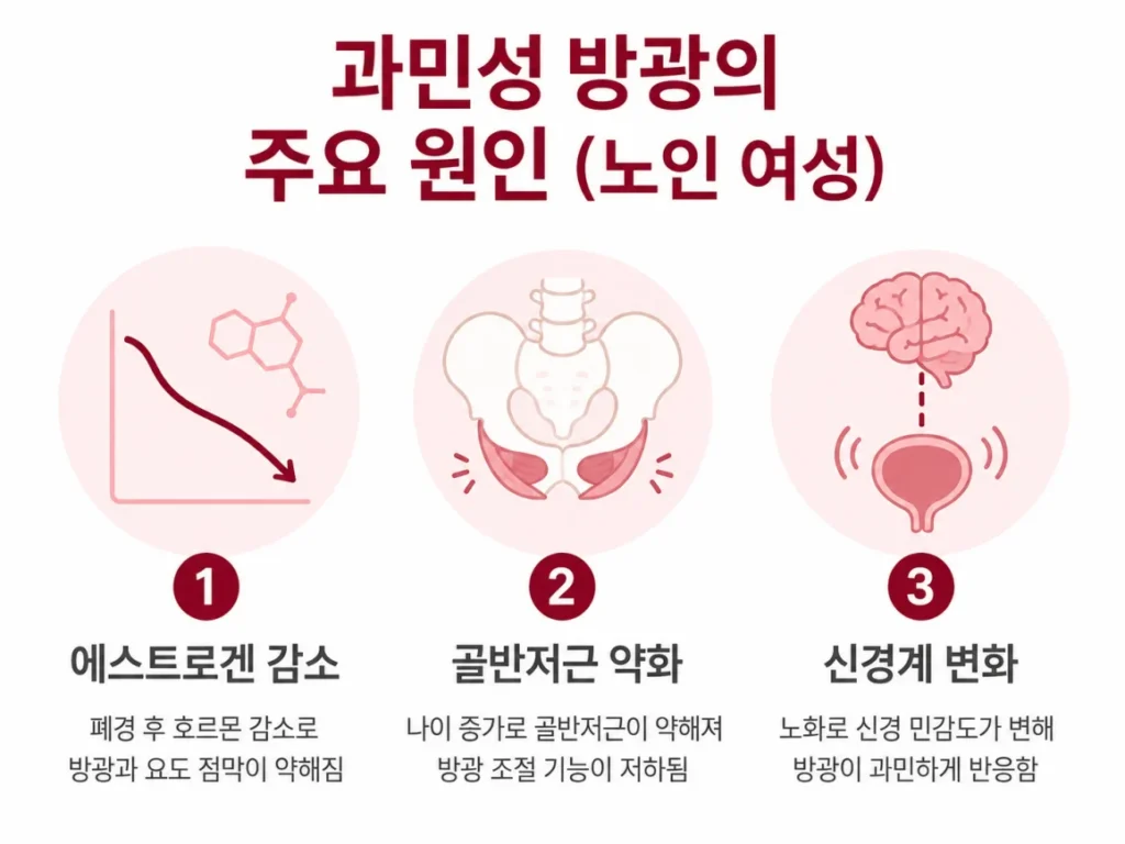 노인 여성 과민성 방광 원인 에스트로겐 감소 골반저근 약화 신경계 변화 일러스트