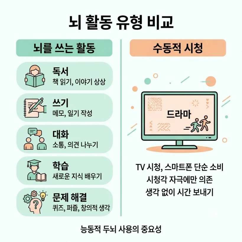 뇌를 쓰는 활동과 수동적 TV 시청 비교 인포그래픽
