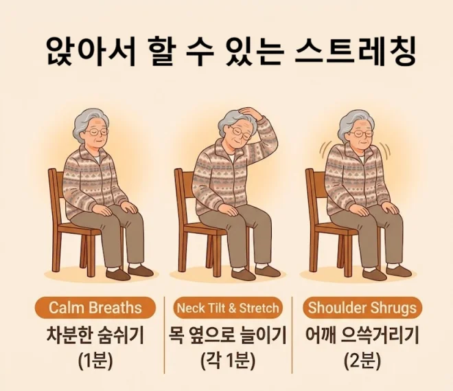 의자에 앉아 스트레칭하는 한국 노인 일러스트