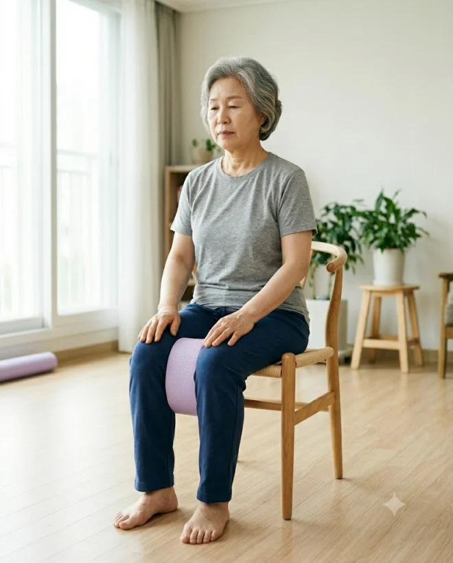 어르신 의자에 앉아 쿠션 조이기 골반저근 운동 자세
