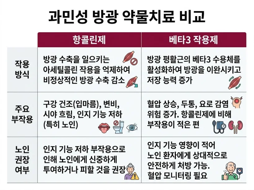 과민성 방광 약물치료 항콜린제 베타3작용제 비교 인포그래픽