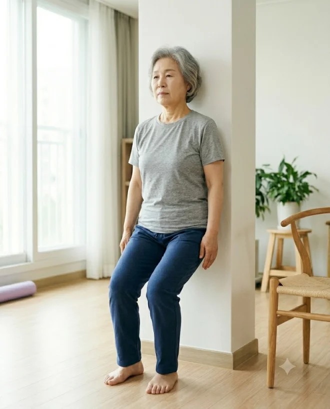 벽 기대기 하프스쿼트 골반저근 운동 안전 자세 안내