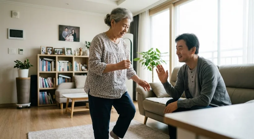 노인 보호자와 함께 실내 운동을 하는 한국 어르신