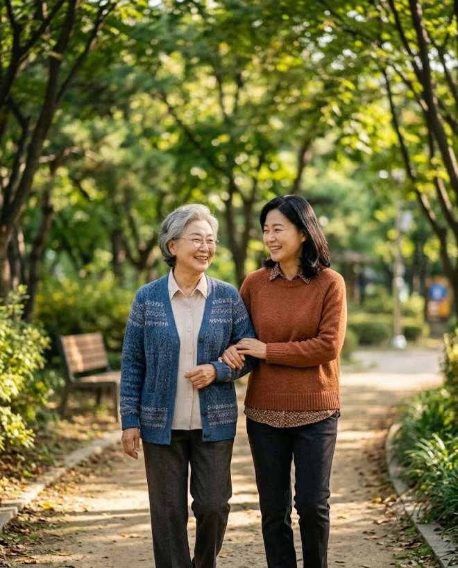 티비만 보지 않고 동네 공원을 함께 산책하는 40대 딸과 70대 어머니