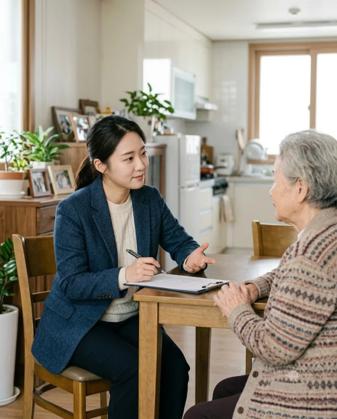 공단 직원이 어르신과 방문조사를 진행하는 모습