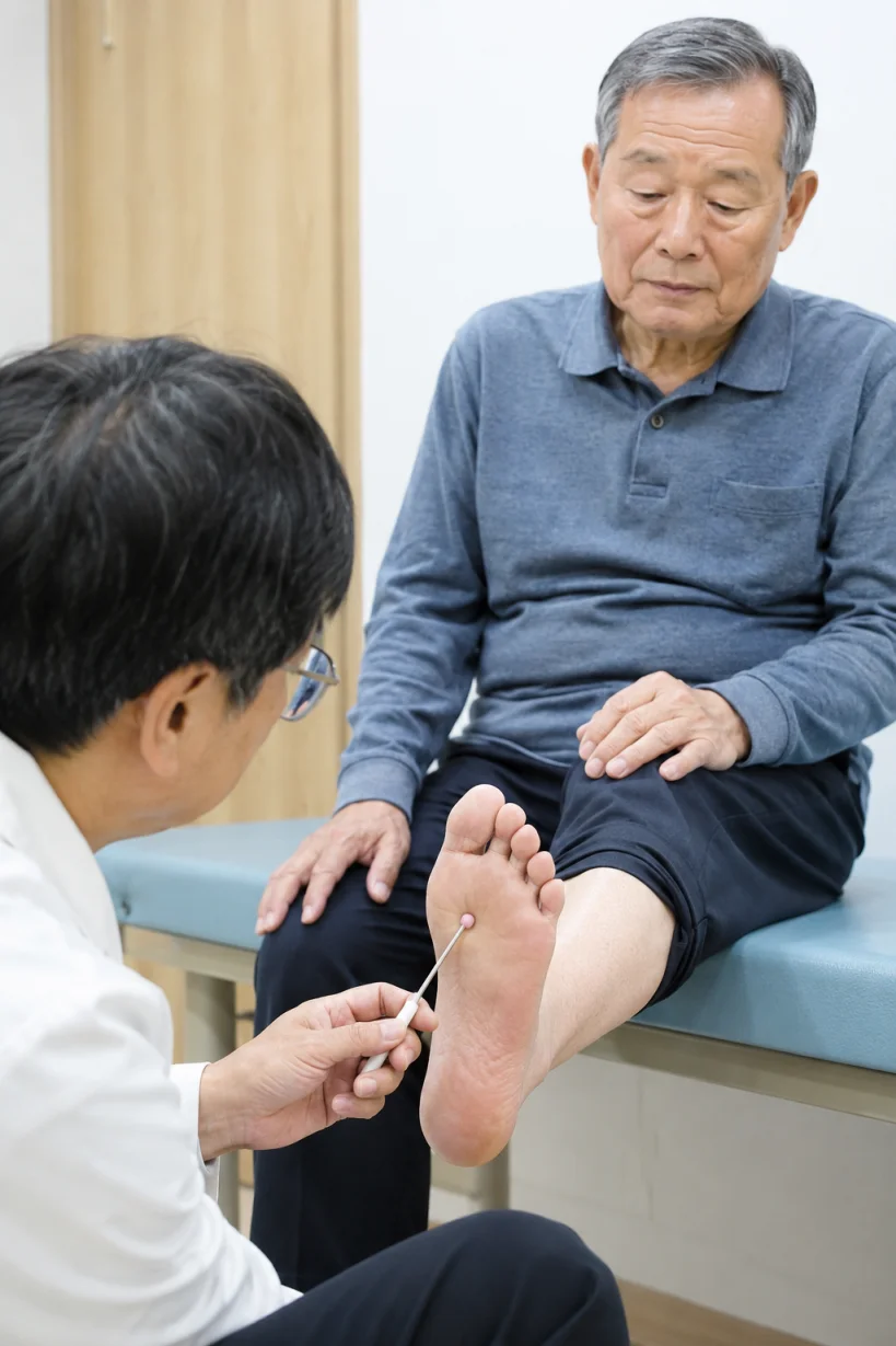 모노필라멘트로 발 감각 검사를 받는 모습