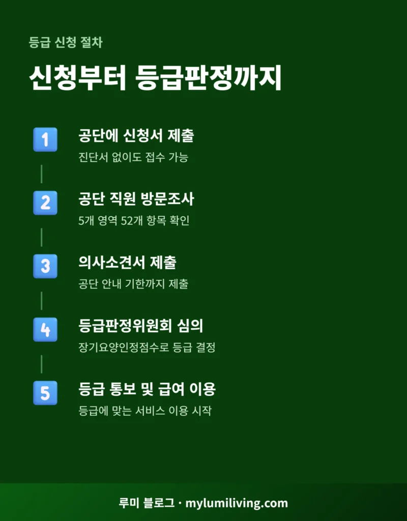 장기요양등급 신청부터 등급판정까지 절차 흐름 인포그래픽