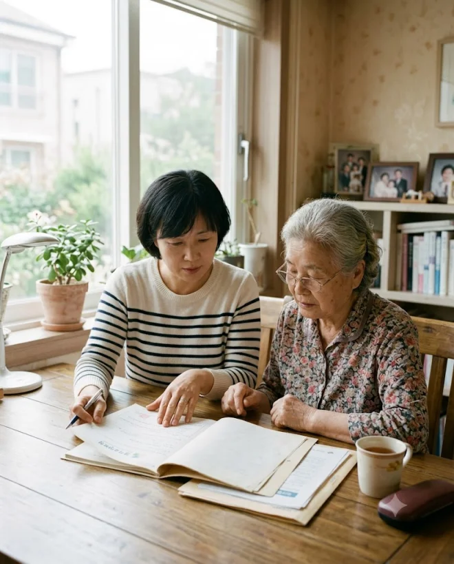 장기요양등급 신청 서류를 함께 확인하는 보호자와 어르신