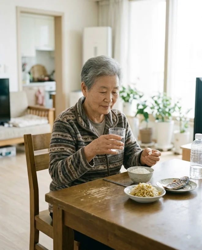 아침에 골다공증 약과 물컵을 준비하는 어르신