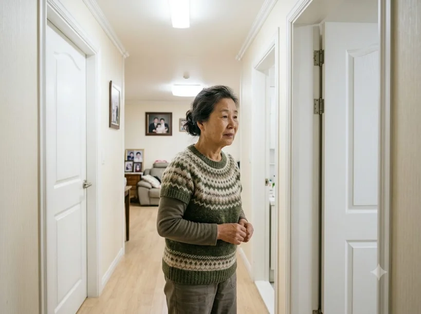 화장실 앞에서 걱정스러운 표정의 한국인 어르신