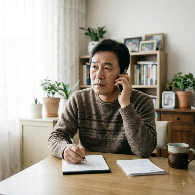 자녀가 전화로 주민센터에 문의하는 모습