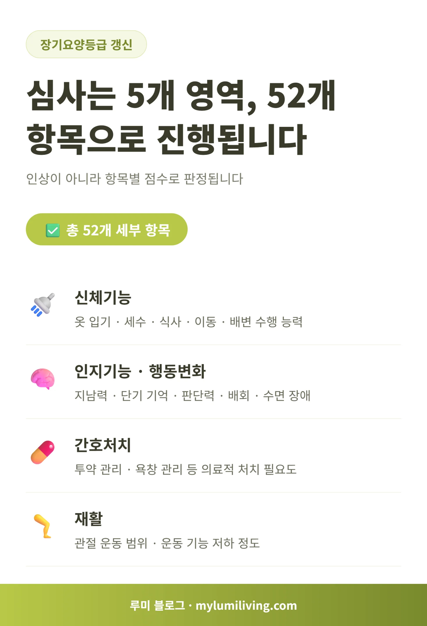 장기요양등급 심사 5개 영역 52개 항목 체크리스트 인포그래픽