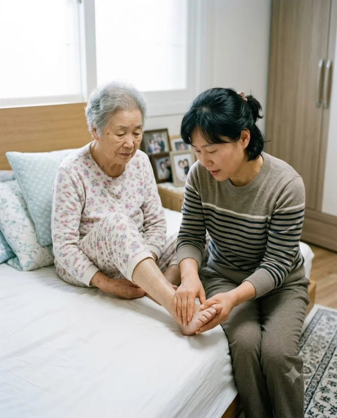 발바닥 발가락 사이 상처 확인하는 보호자