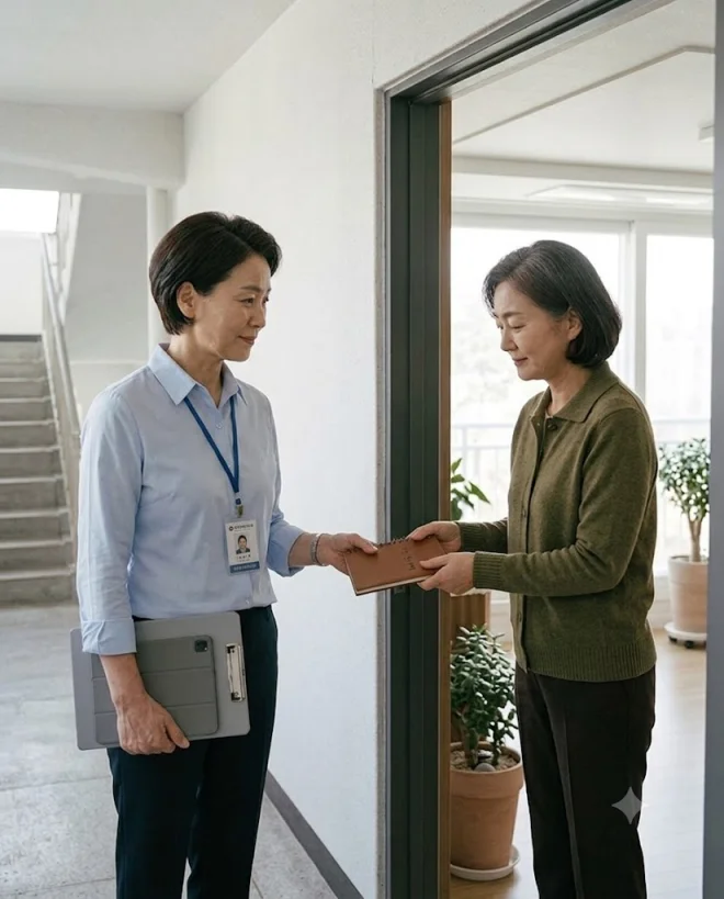 보호자가 조사원에게 돌봄 메모를 전달하는 모습