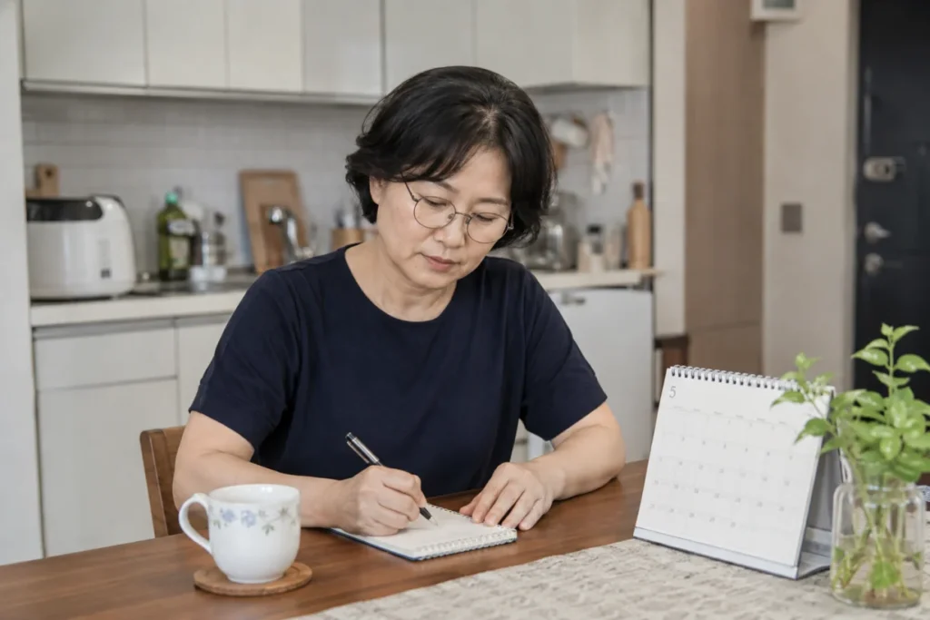보호자가 부모님의 일상 어려움을 메모하는 모습