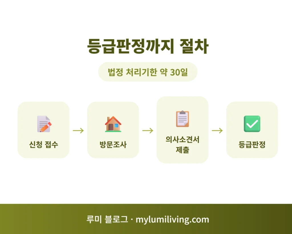 신청부터 등급판정까지 절차 흐름 인포그래픽