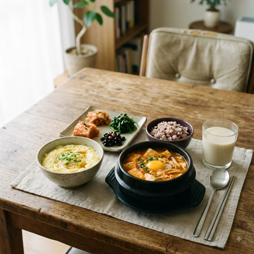 아침 식사로 준비한 두부국과 달걀찜
