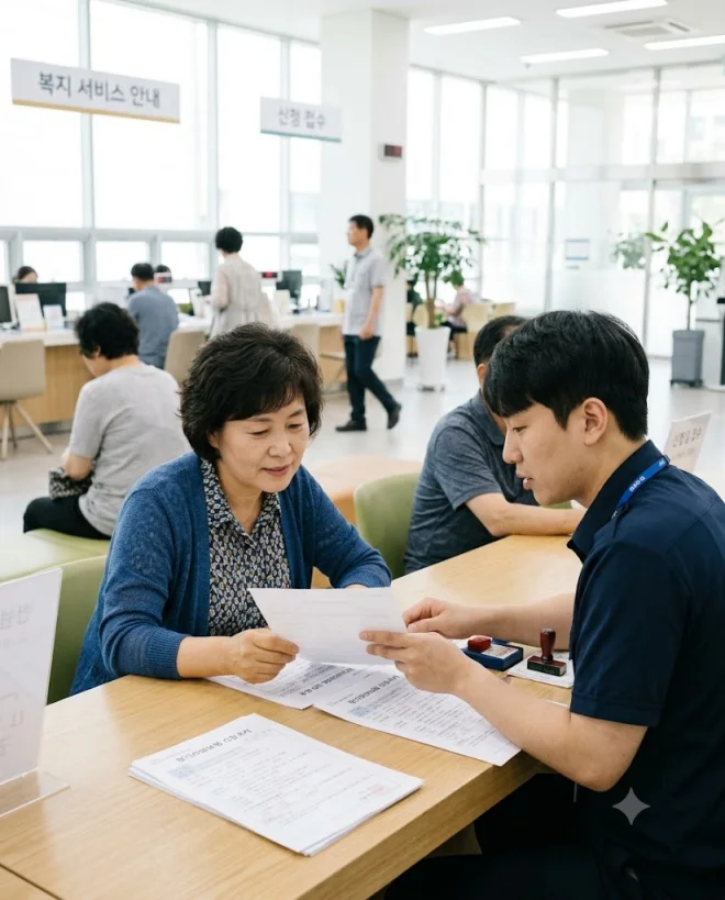 국민건강보험공단에서 장기요양 신청 서류를 상담받는 보호자