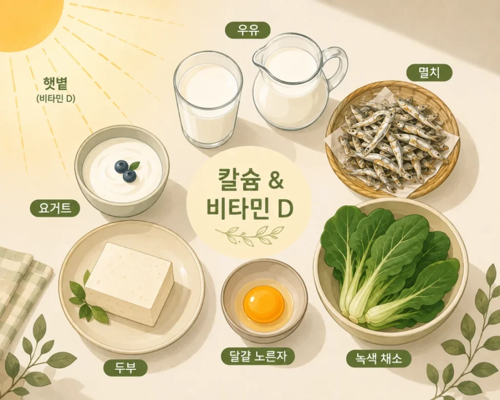 칼슘과 비타민D가 풍부한 음식 플랫 일러스트