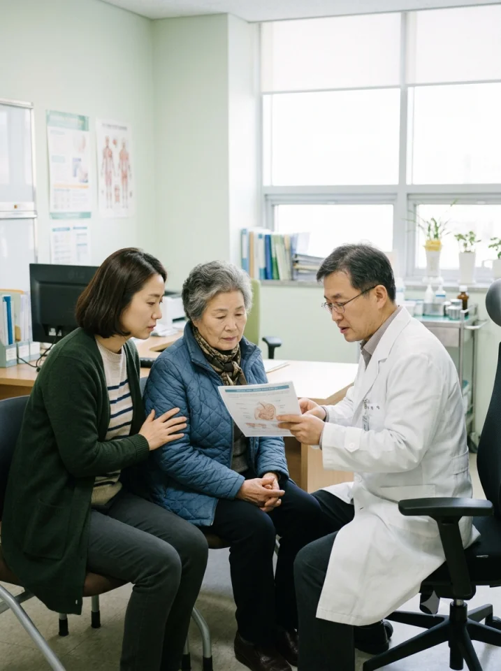 고관절 수술을 앞둔 어르신과 보호자 상담 모습