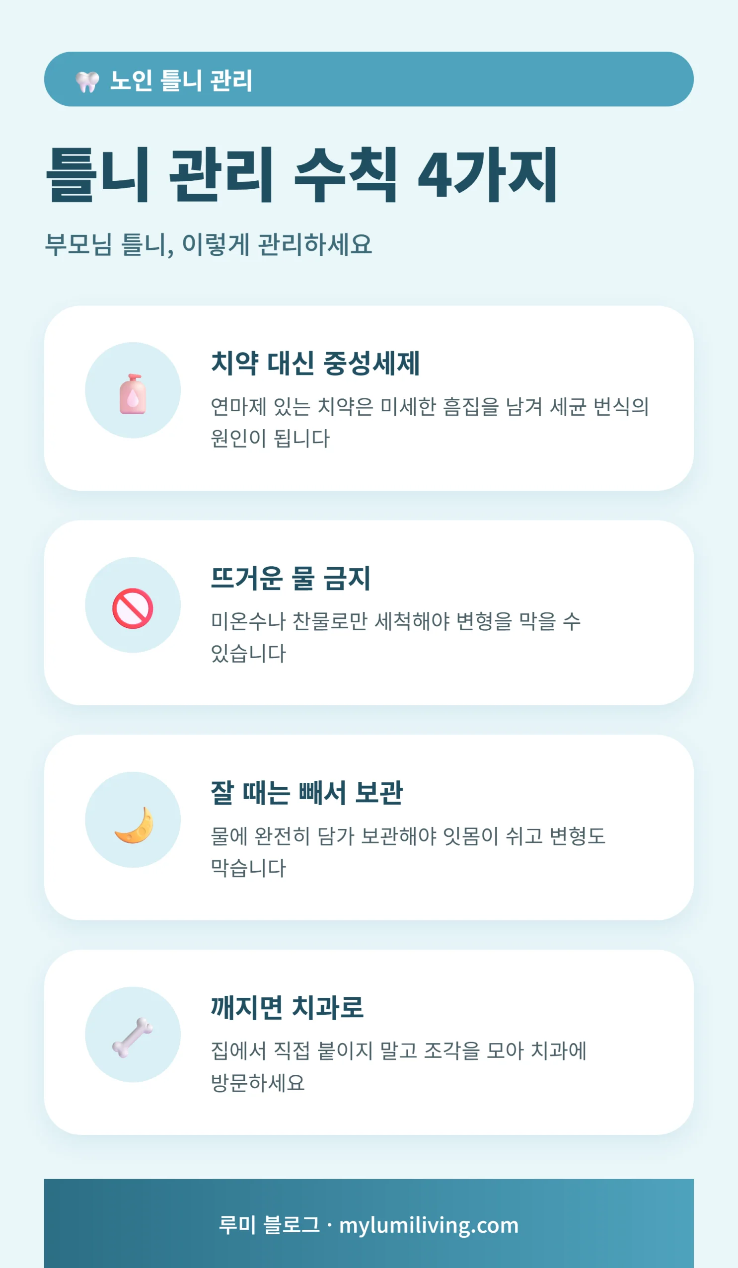 노인 틀니 올바른 관리 수칙 4가지 인포그래픽