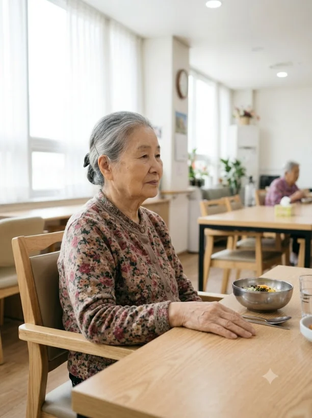 식사 중 상체를 세우고 앉아 있는 어르신