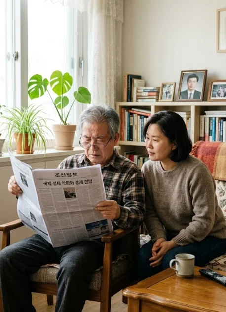 신문을 보며 눈을 찡그리는 부모님을 걱정스럽게 바라보는 가족
