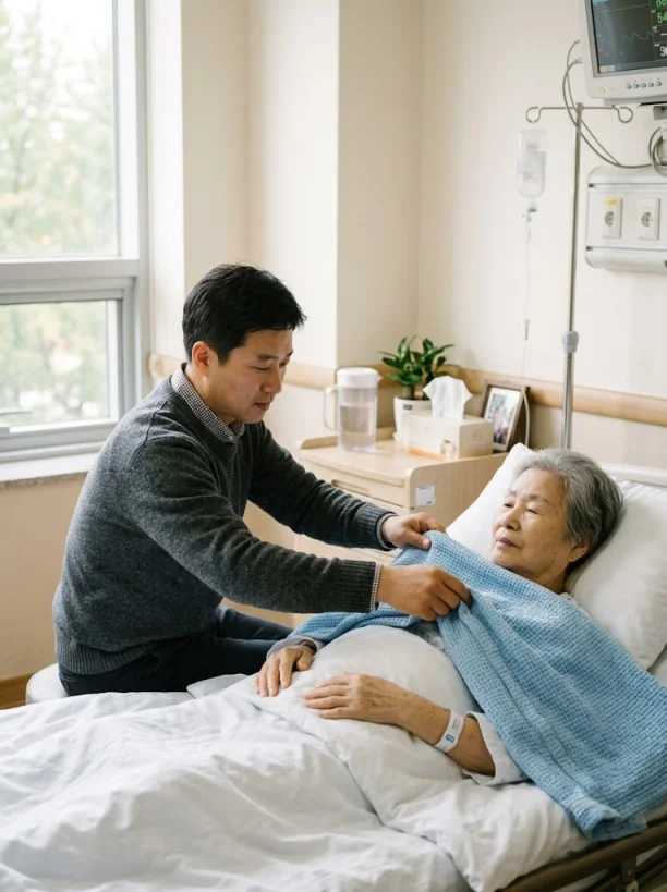 요양병원 병실에서 부모님을 돌보는 가족