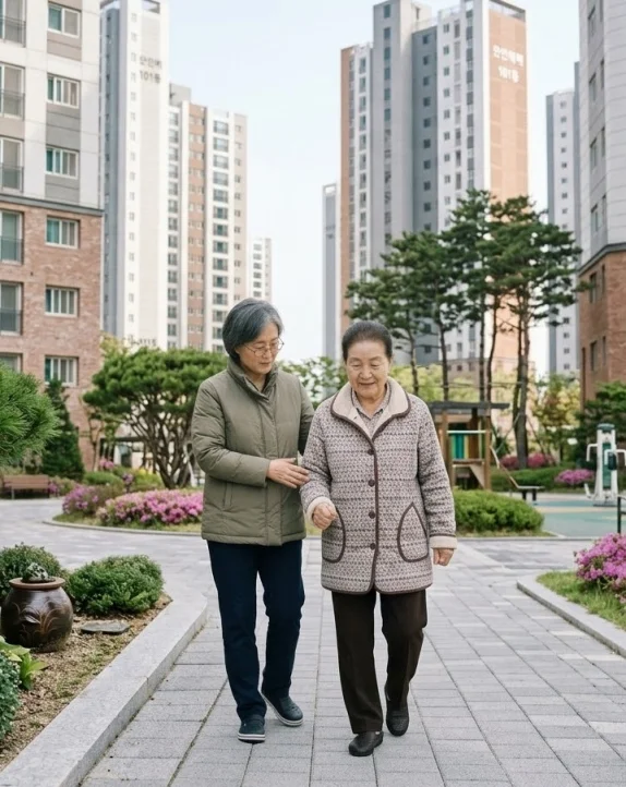 부모님의 걸음걸이를 살펴보는 가족의 모습