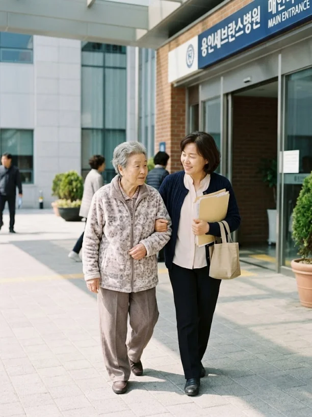 가족과 함께 병원 진료를 받으러 가는 고령 부모님의 모습