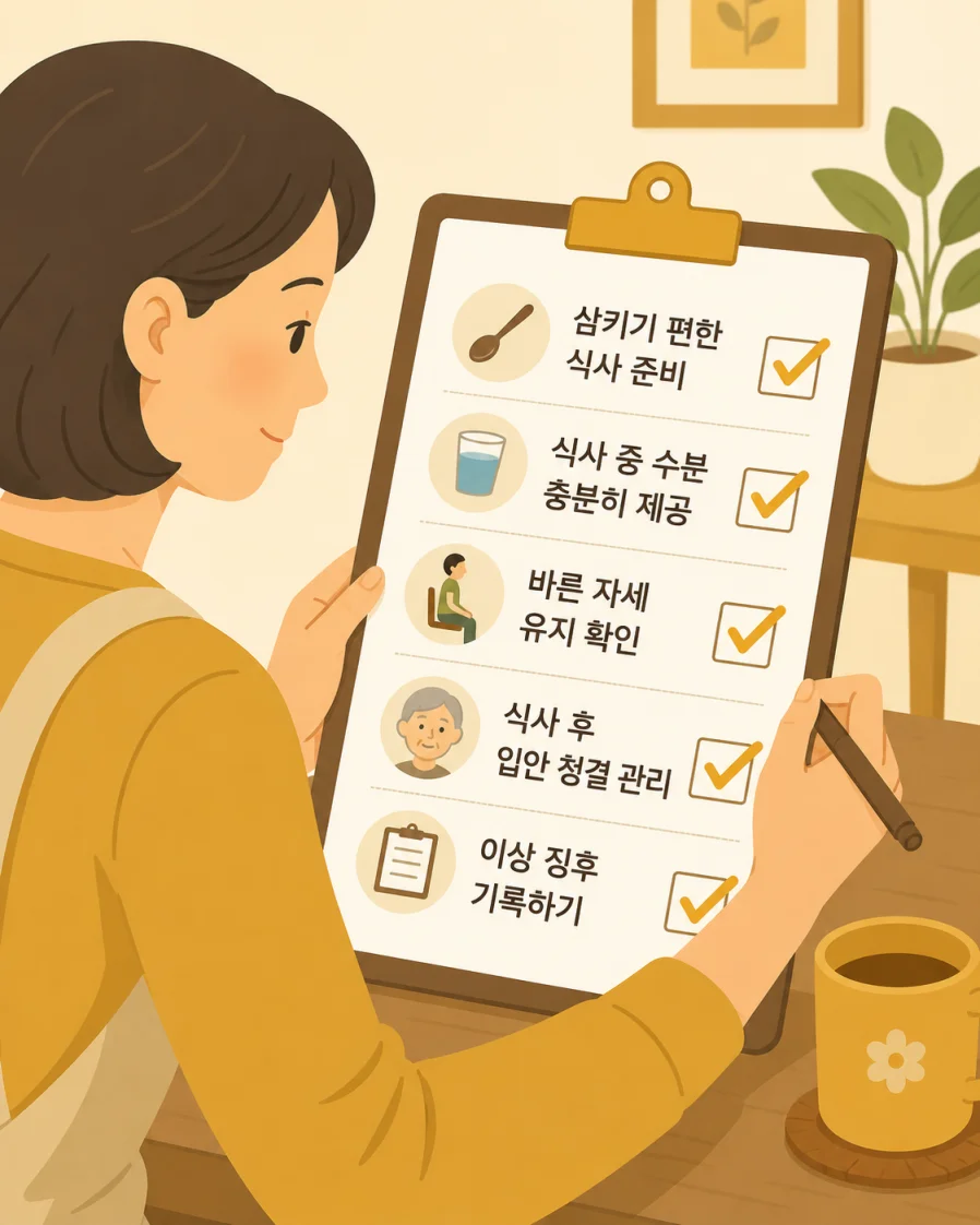 삼킴 곤란 예방 정보를 확인하고 있는 보호자