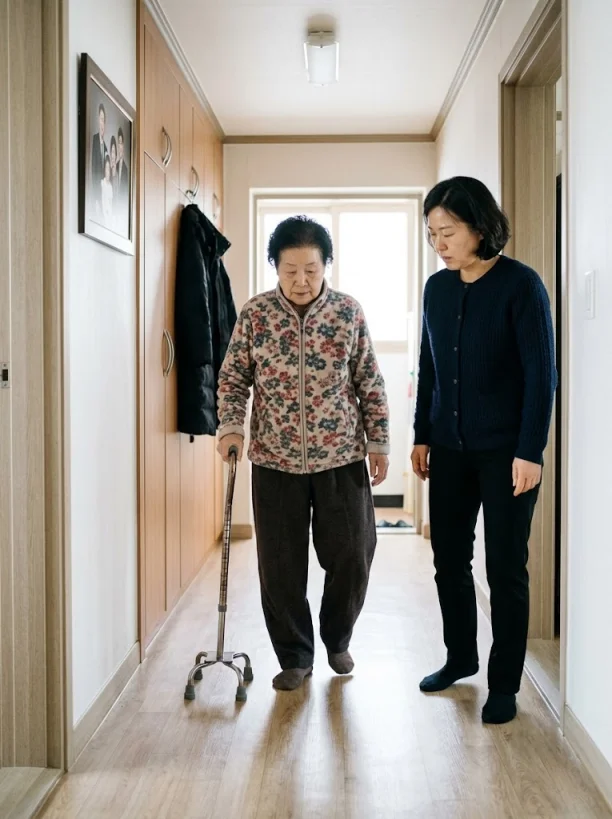 오랜만에 만난 부모님의 걸음걸이를 유심히 살펴보는 자녀