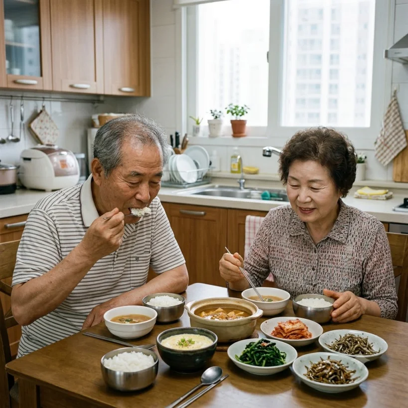 식탁에서 식사하는 노년 부부의 모습