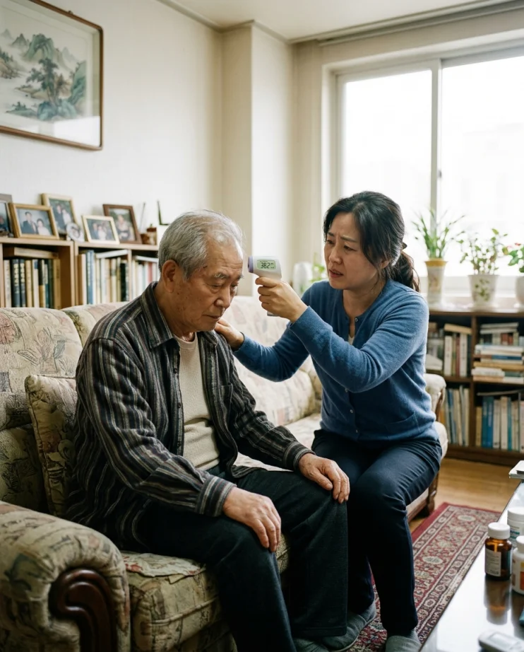 체온을 재는 고령 부모님과 보호자