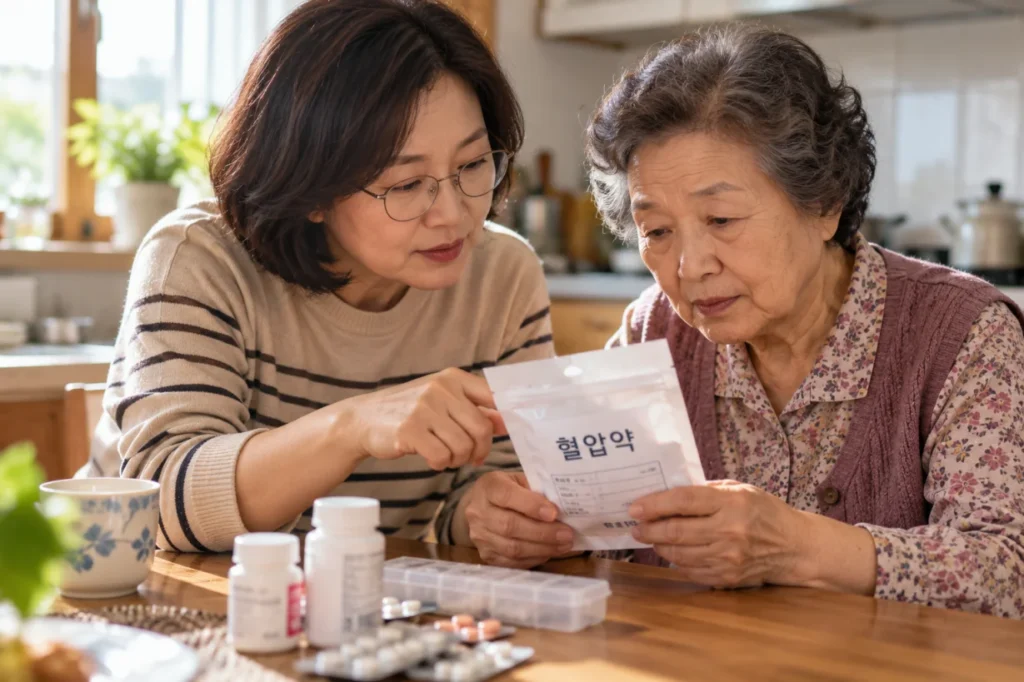 보호자와 어르신이 약봉투를 함께 확인하는 모습