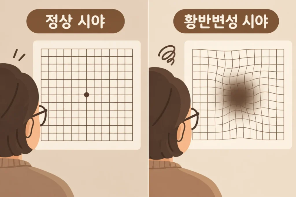 정상 시야와 황반변성으로 중심부가 왜곡된 시야 비교 일러스트