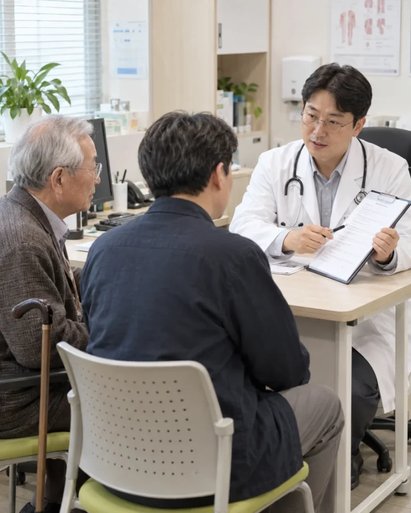 병원 진료실에서 의사가 부모님과 보호자에게 장기요양 의사소견서를 설명하는 모습