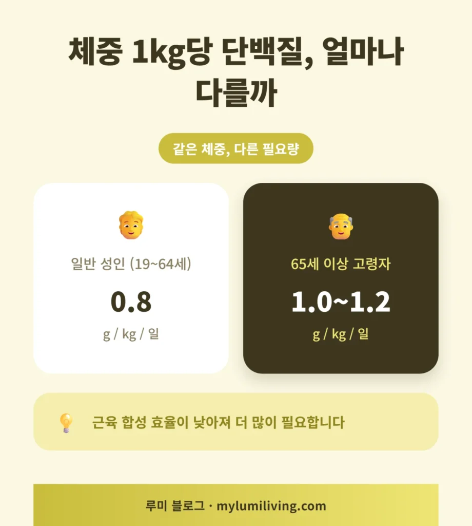 체중별 권장 단백질량 비교 인포그래픽