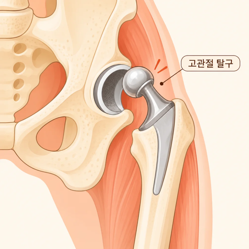 고관절 인공관절 탈구 부위를 보여주는 의학 일러스트