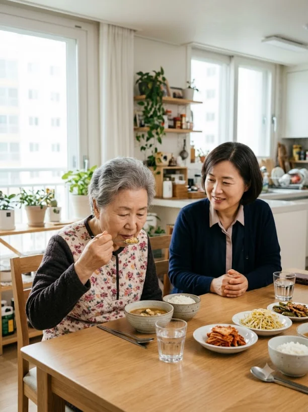 숟가락으로 천천히 한 입씩 식사를 돕는 모습