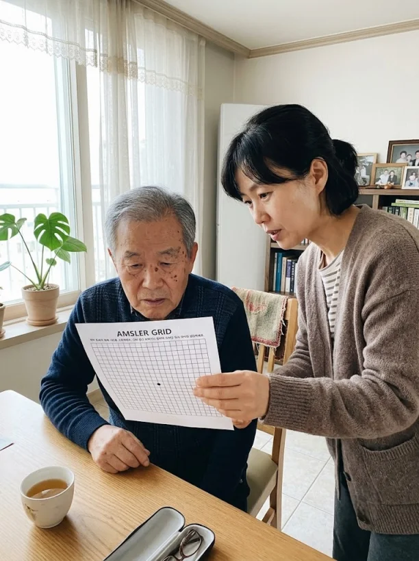 부모님과 함께 암슬러 격자로 자가진단을 하는 모습