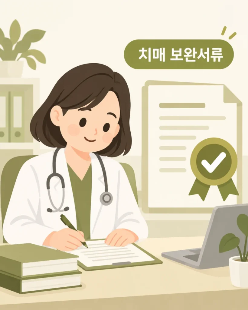치매진단 전문교육을 이수한 의사가 치매 보완서류를 작성하는 일러스트