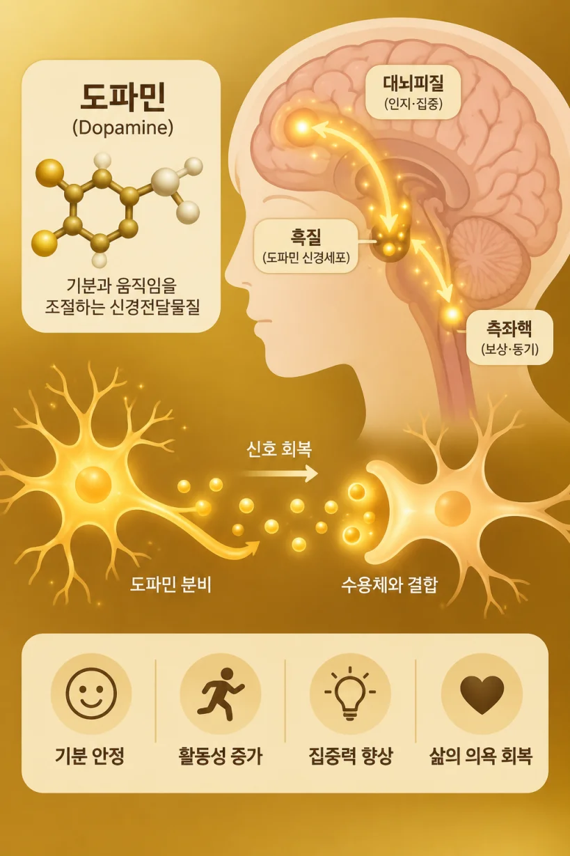 도파민 보충 약물 치료 원리를 보여주는 의학 일러스트