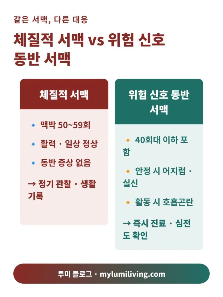 체질적 서맥과 위험 신호 동반 서맥 비교 인포그래픽