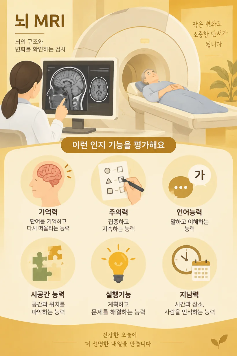 신경심리검사와 뇌 MRI 검사 과정을 보여주는 의학 일러스트