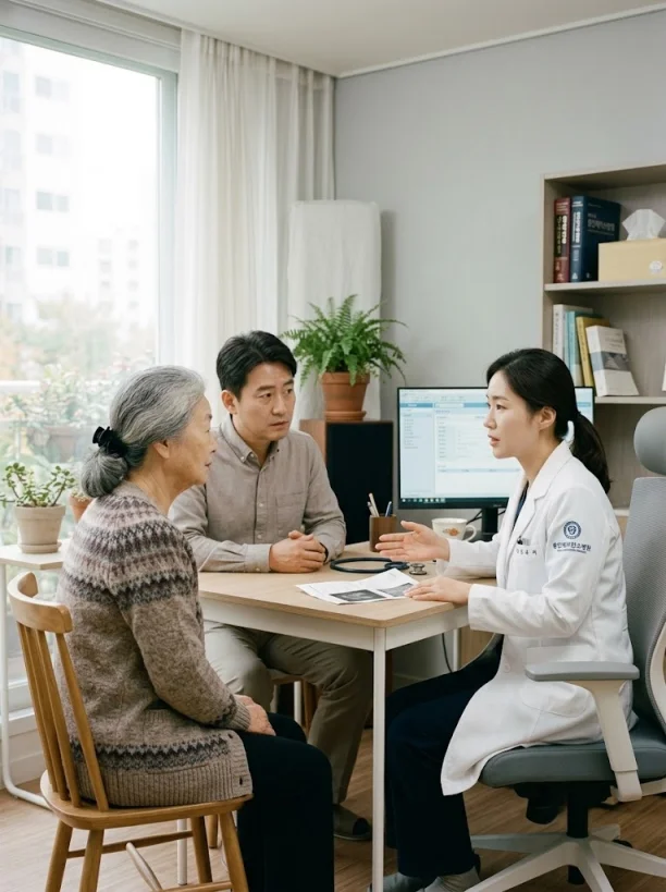 병원에서 진료 상담하는 노부모와 보호자